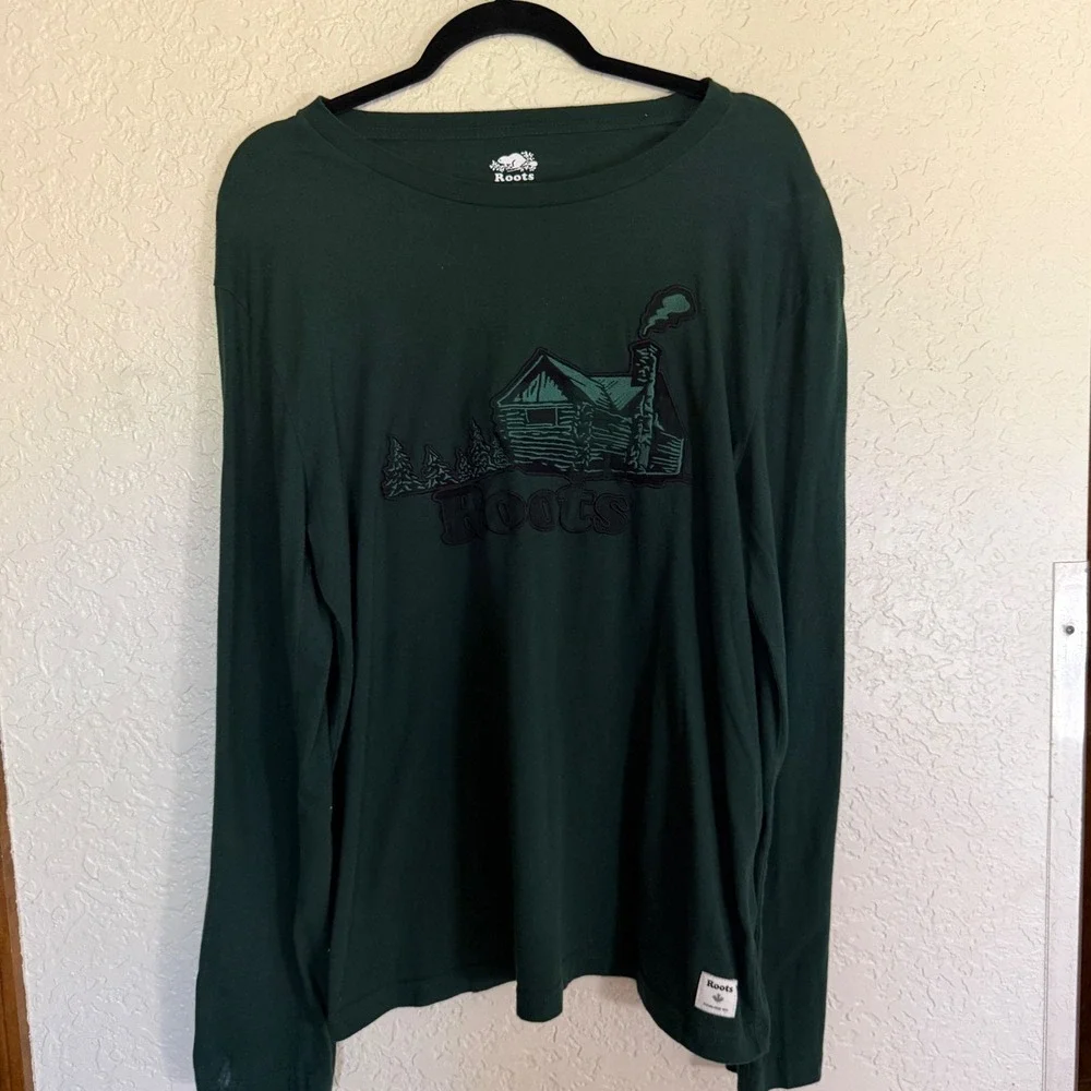 Roots Canada Men Forest Green Long Sleeve Cabin‎ Graphic T Shirt Size M